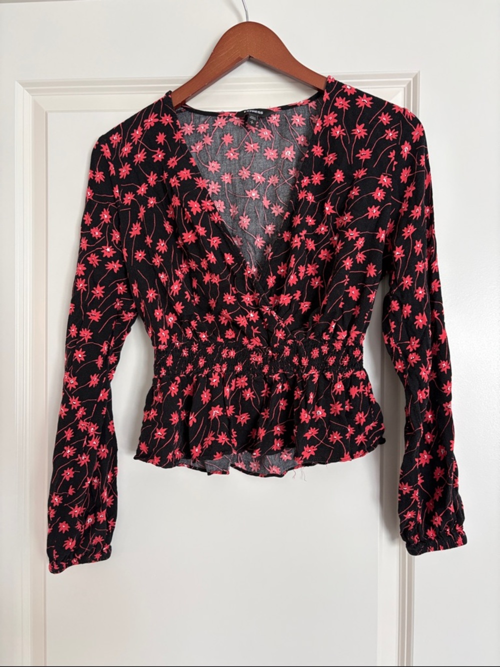Express Black Blouse with Pink Floral Print